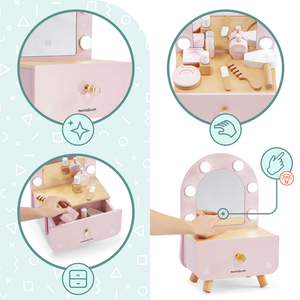 Mini toletta in legno per bambini con accessori e illuminazione a LED con regolazione continua della luminosità