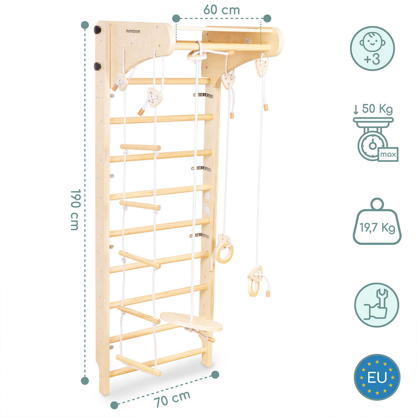Scala ginnica in legno per bambini con accessori: altalena a dischi, anelli ginnici e scala di corda