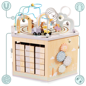 Grande cubo educativo in legno: un giocattolo Montessori con un treno magnetico e circuiti motori