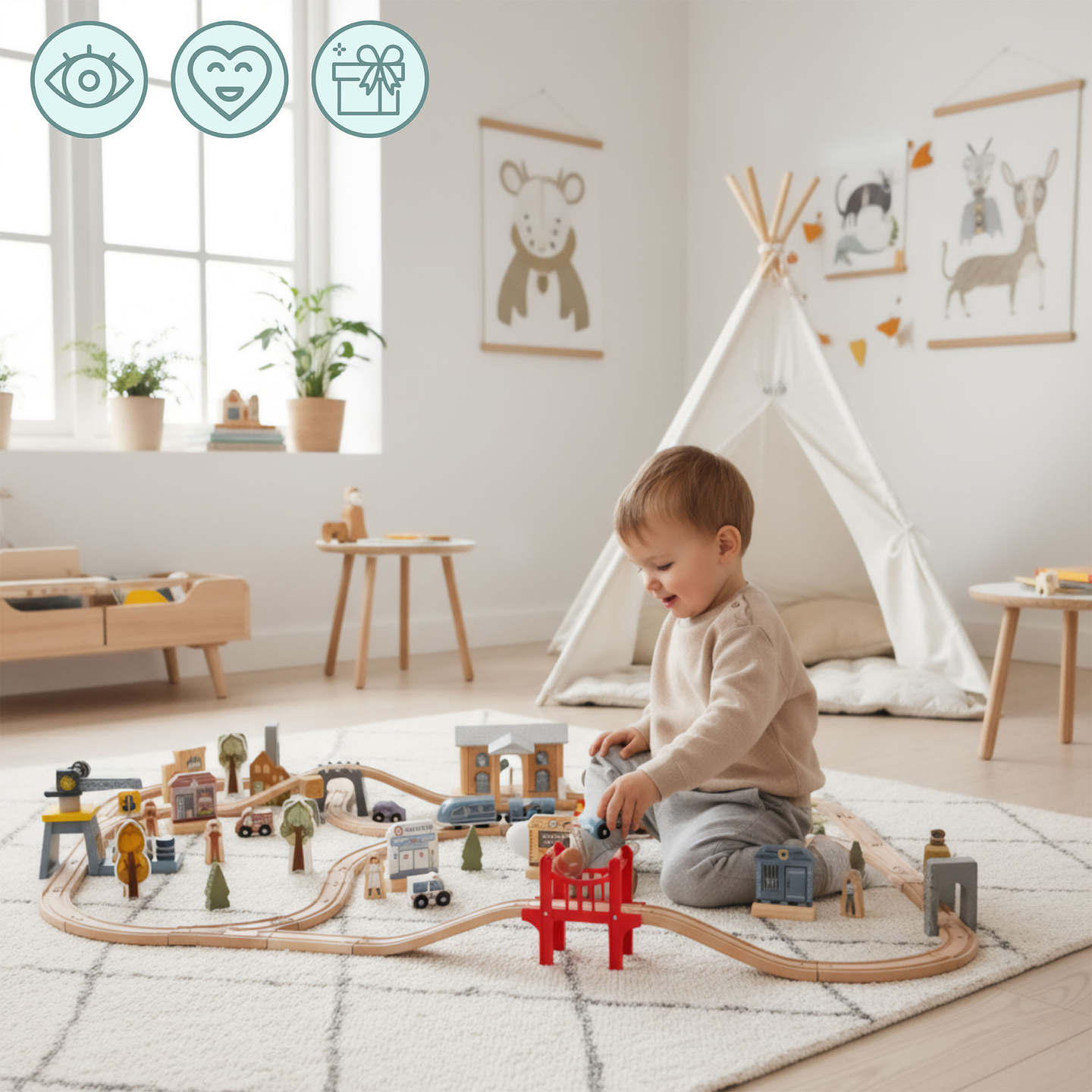 Ferrovia urbana in legno con treno elettrico - gru mobile, nave, ponti