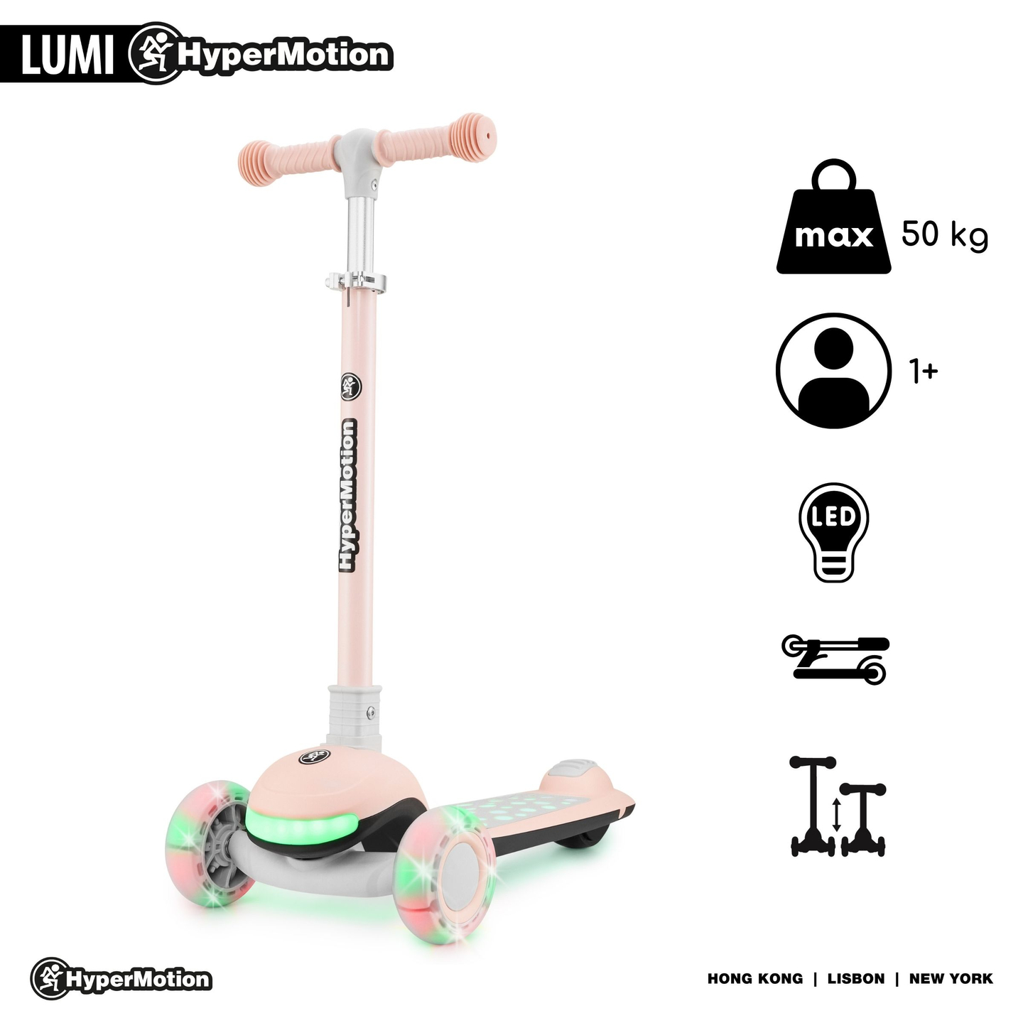 HyperMotion LUMI monopattino di equilibrio 3 in 1 - pedana illuminata e ruote a LED, colore rosa