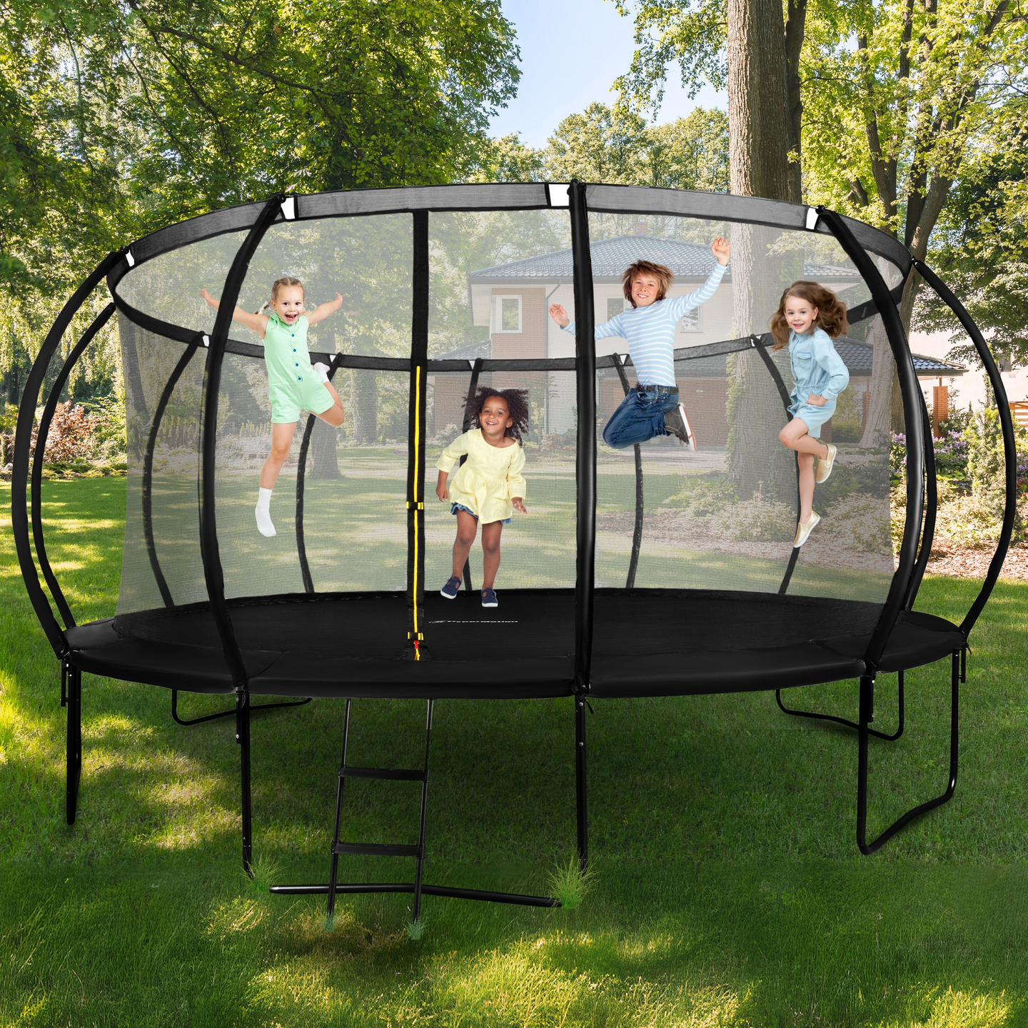 Trampolino da giardino XXXL per bambini HyperMotion - 487 cm 16FT - con scala e rete interna - per casa e giardino - max 150 kg