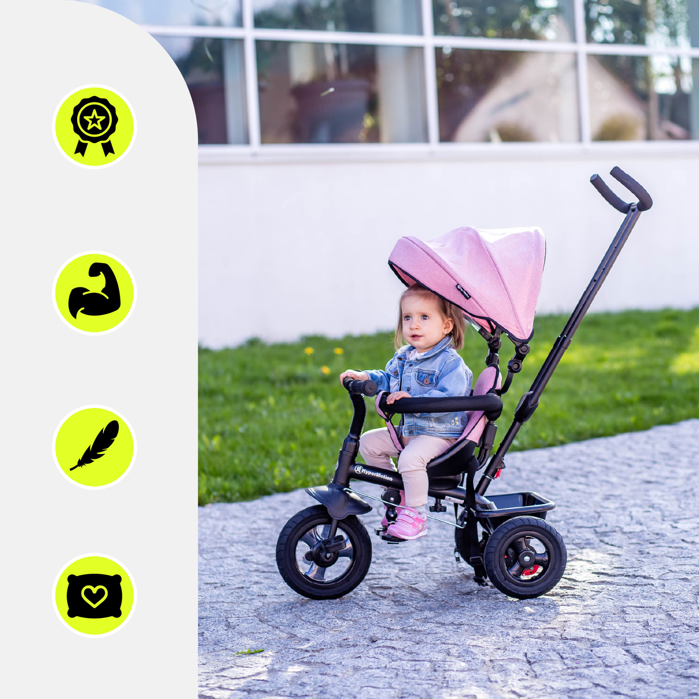 Triciclo per bambini 1-4 anni - TOBI FREY - colore rosa - girevole - ruote pompate + spintore