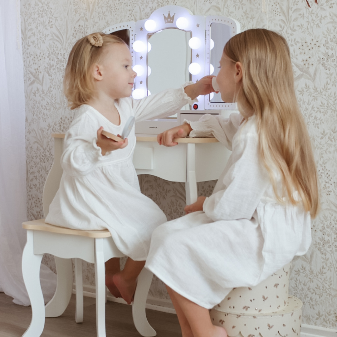 Tavolino da toilette XXL in legno con sgabello e illuminazione a LED per bambini + accessori