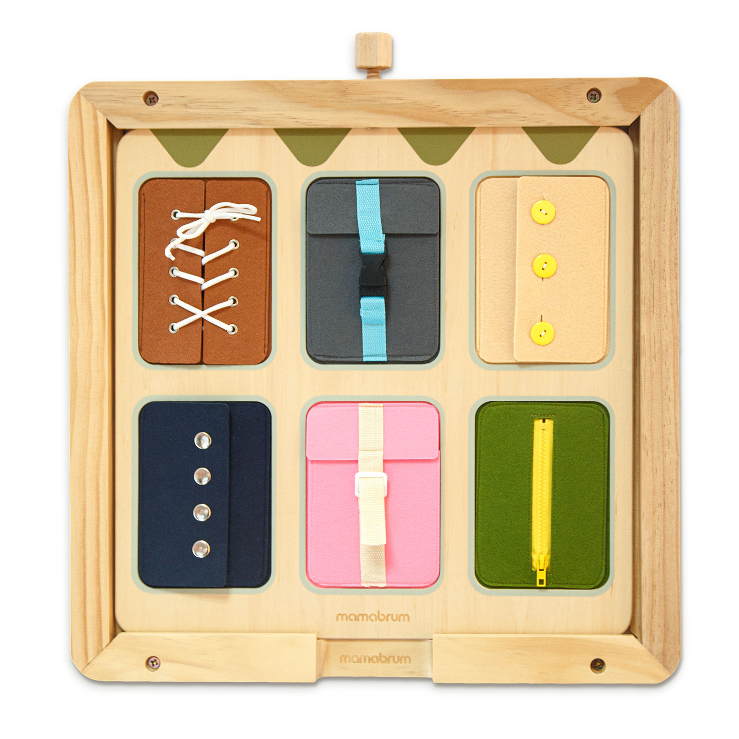 Tavola manipolativa Montessori in legno – Apprendimento sensoriale dell'indipendenza - lacci, fibbie, bottoni, automatici, cerniera