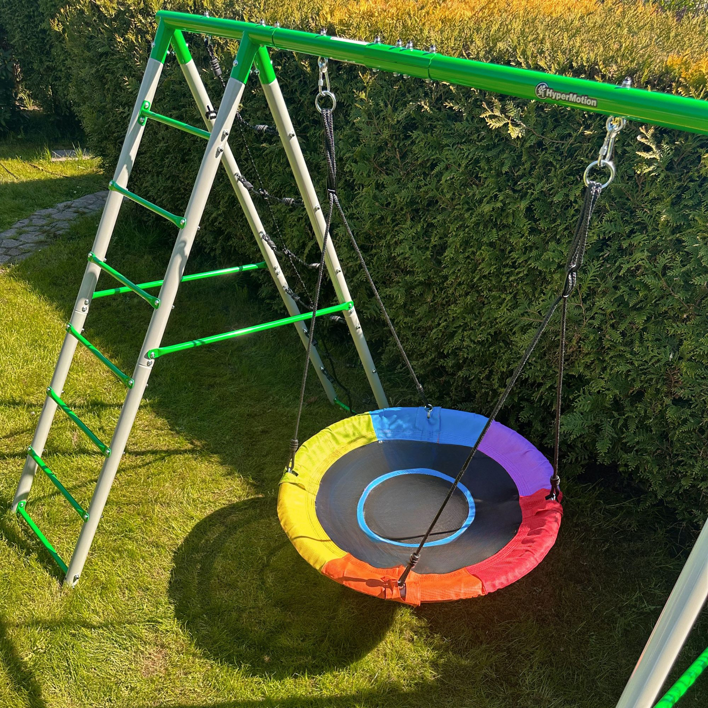 Parco giochi da giardino XL per bambini con altalena a nido di cicogna, scala e rete da arrampicata
