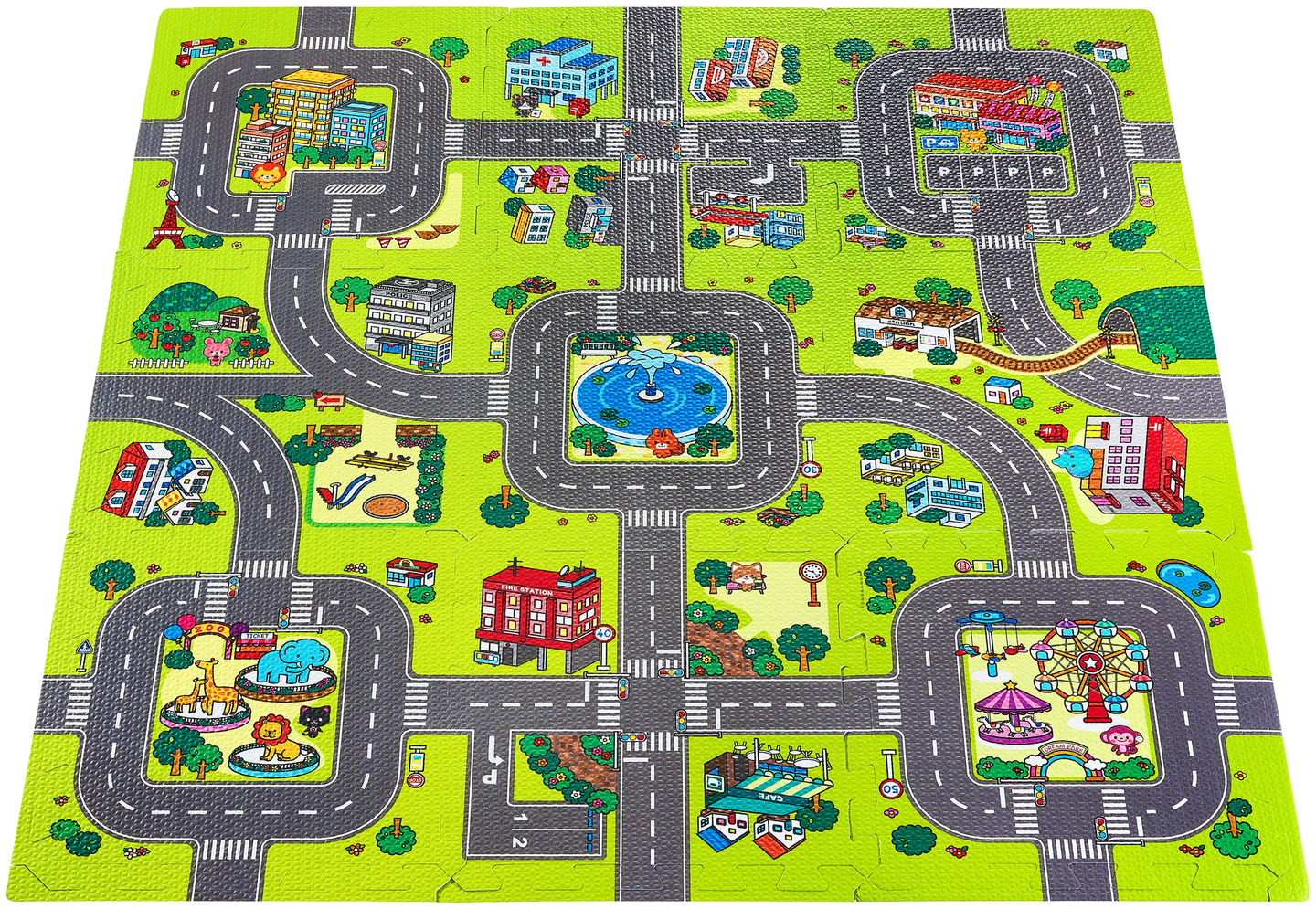 Tappeto puzzle educativo in schiuma 90 x 90 x 1 cm con bordi - schiuma EVA - disegno: strade cittadine strade