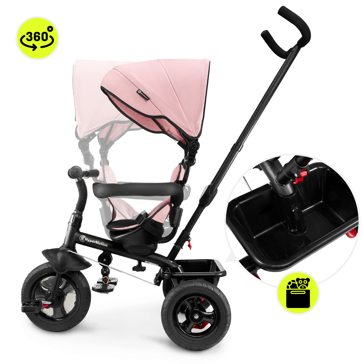 Triciclo per bambini 1-4 anni - TOBI FREY - colore rosa - girevole - ruote pompate + spintore