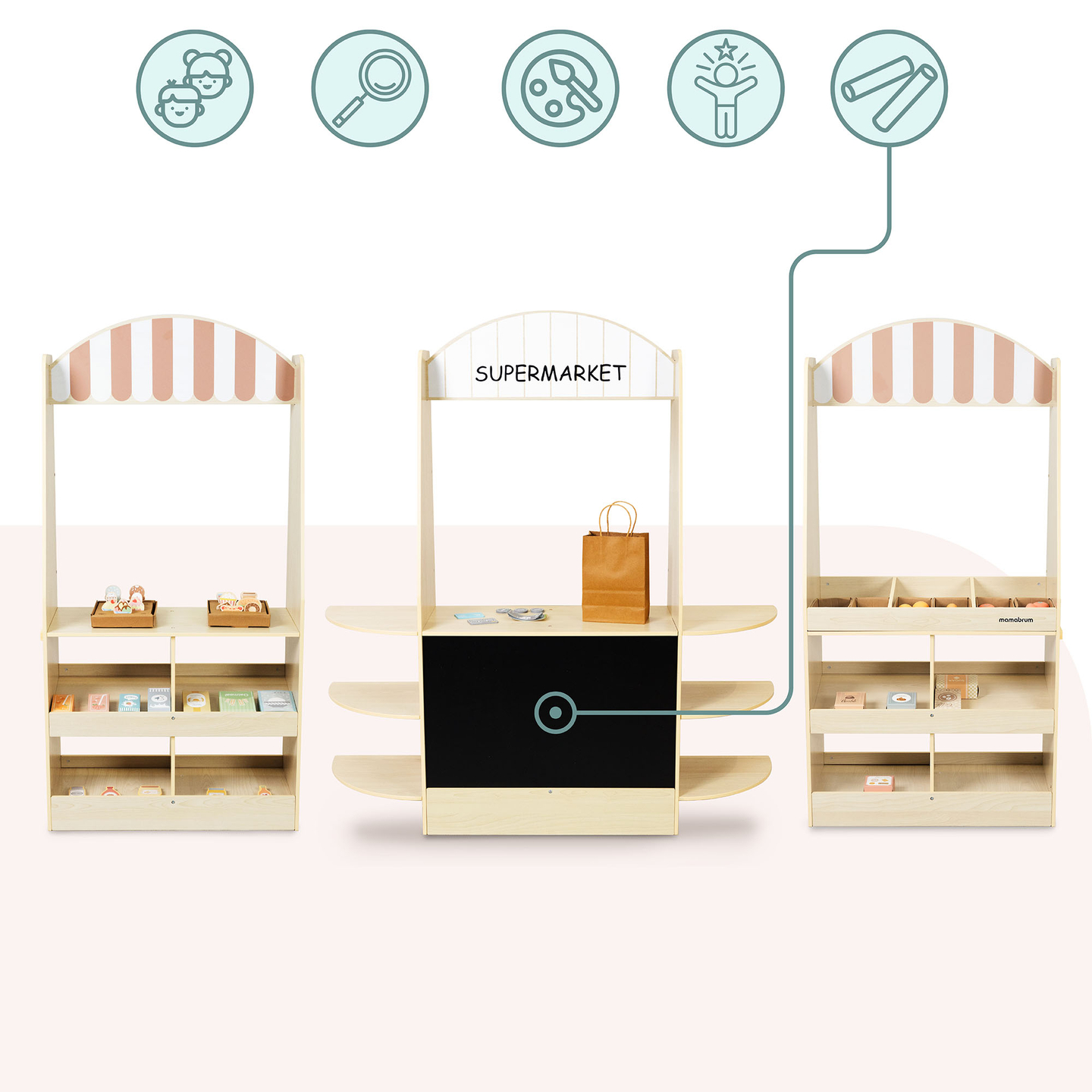 Grande negozio in legno per bambini con lavagna: 91 pezzi per divertirsi a fare shopping!