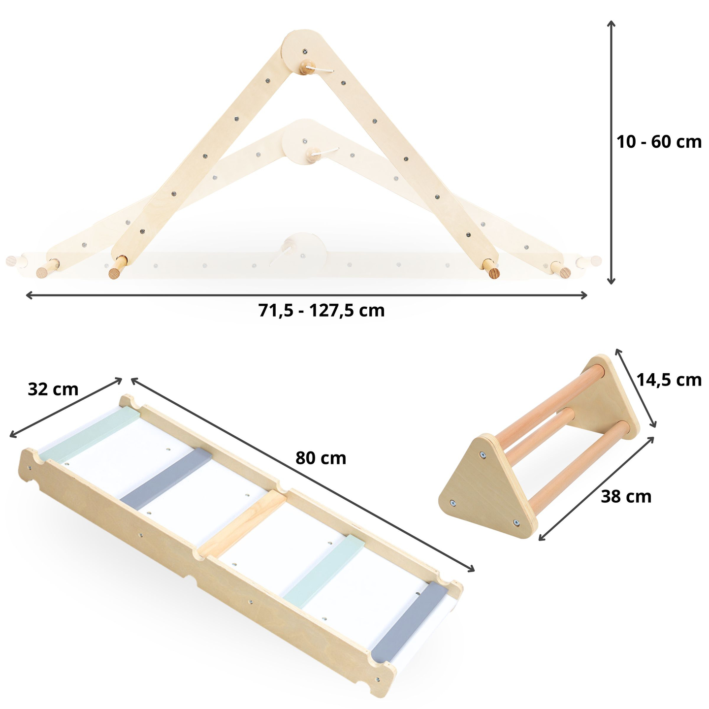 Parco giochi per bambini in legno fatto in casa - scala + parete di arrampicata + trave di equilibrio - triangolo di Pikler