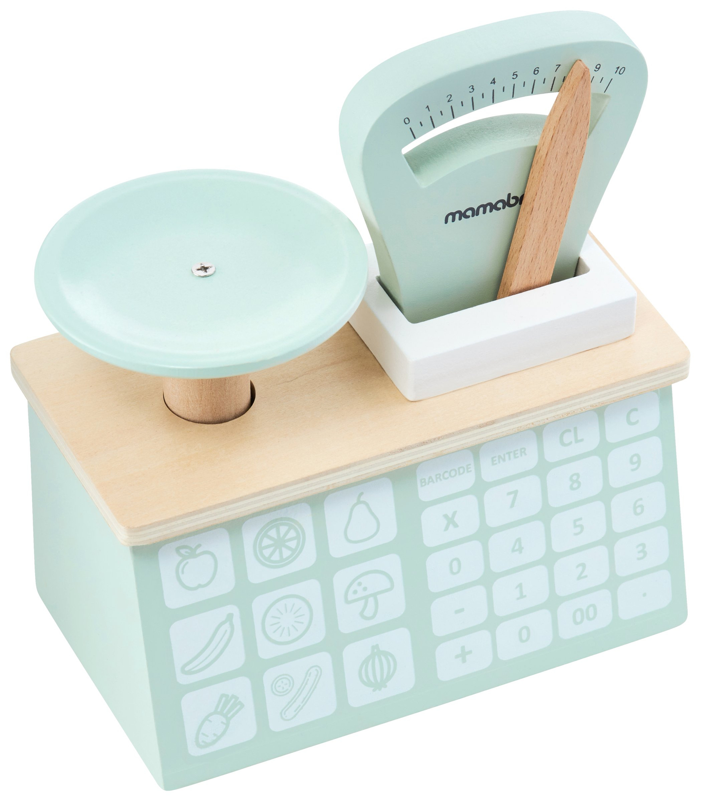 Grande negozio in legno - bancarella e teatro 2 in 1 con bilancia, terminale di pagamento, frutta e verdura