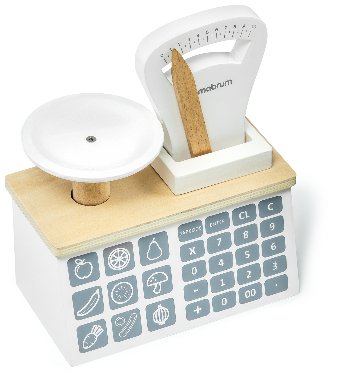 Mini market - negozio con bilancia, terminale, carta di pagamento e frutta