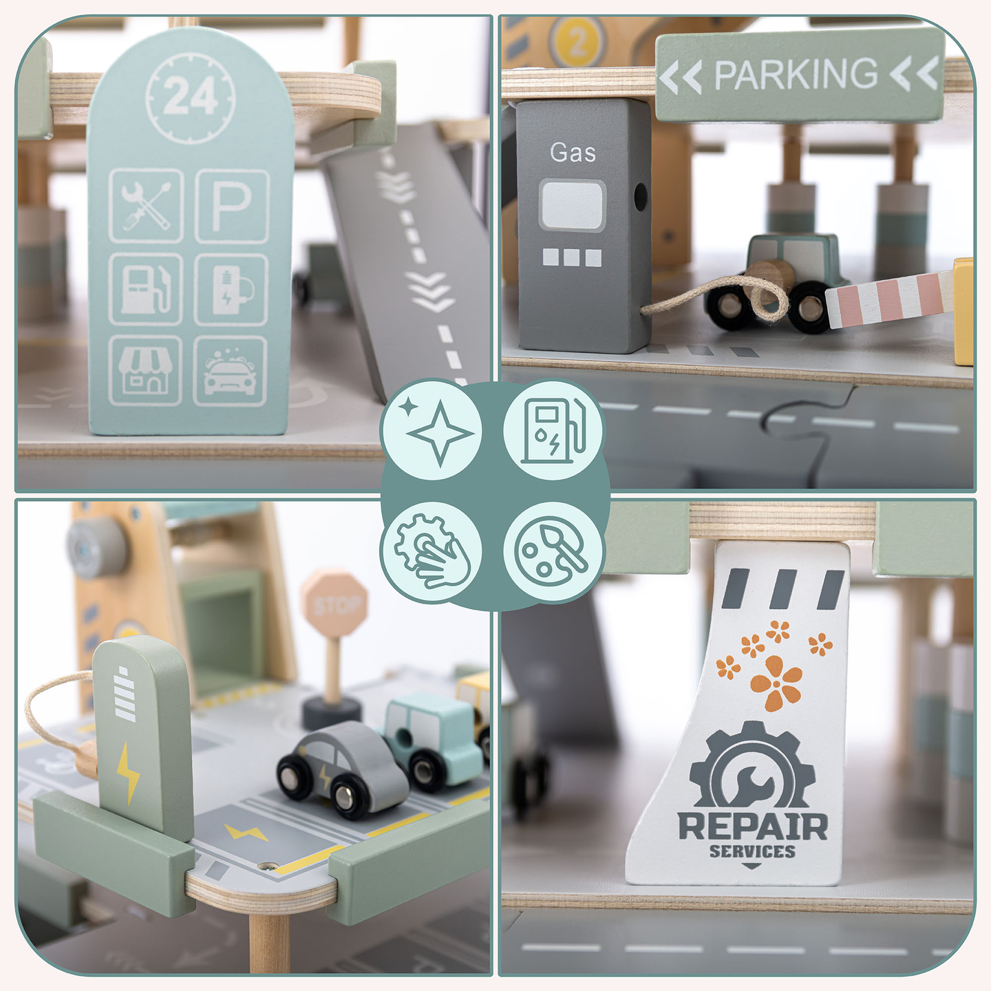 Garage in legno a tre piani per bambini con accessori: parcheggio, stazione di servizio, autolavaggio, elicottero