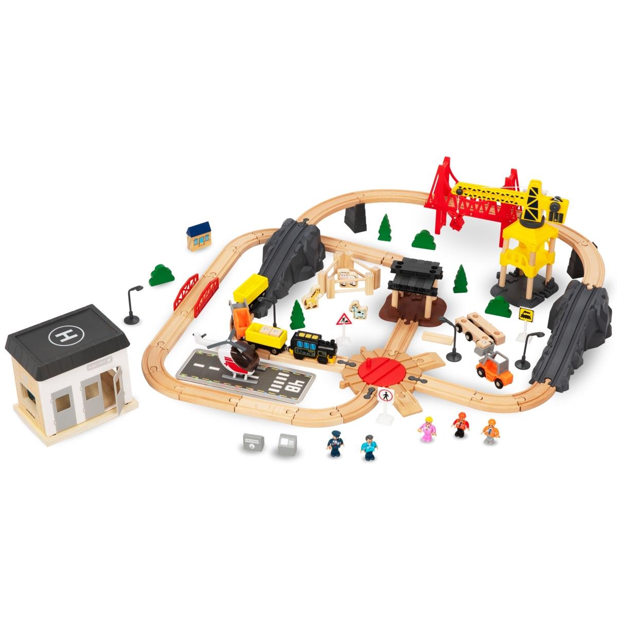 Ferrovia in legno, treno a batteria - Città: binari, automobili, ponte, aeroporto