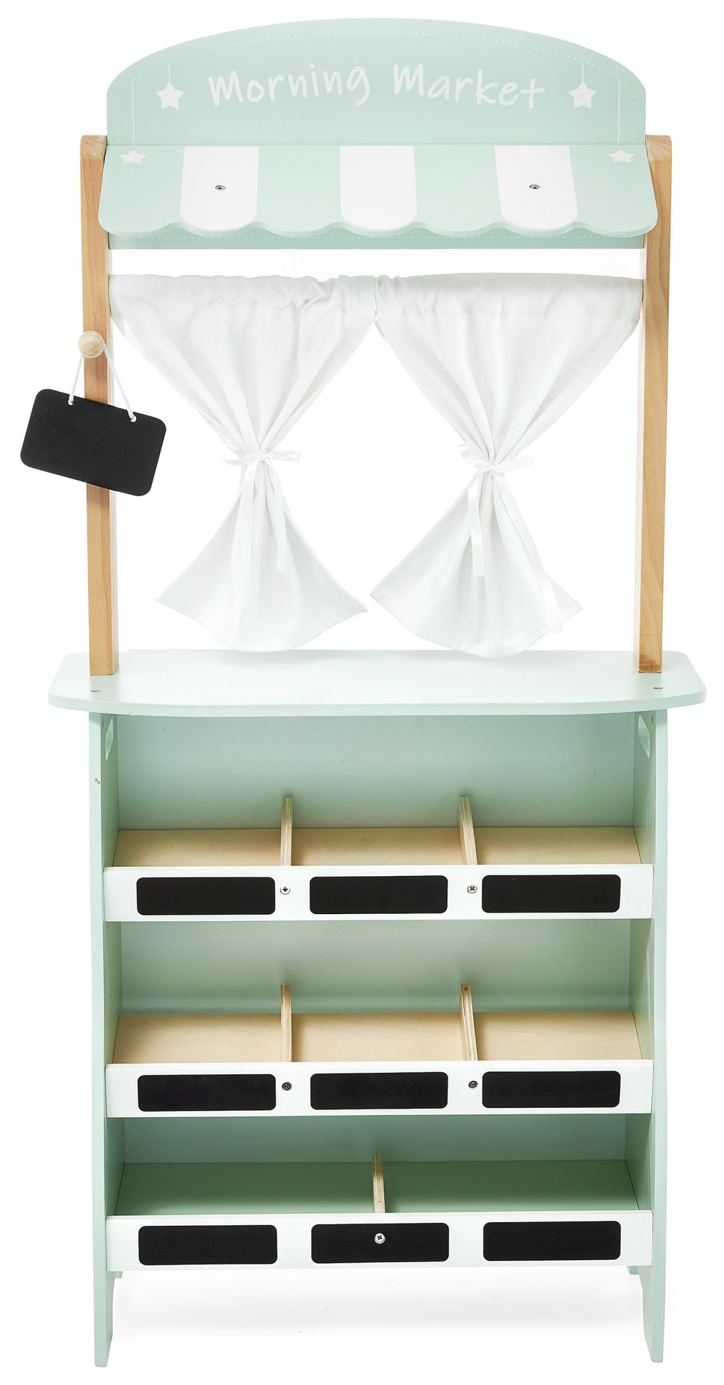 Grande negozio in legno - bancarella e teatro 2 in 1 con bilancia, terminale di pagamento, frutta e verdura