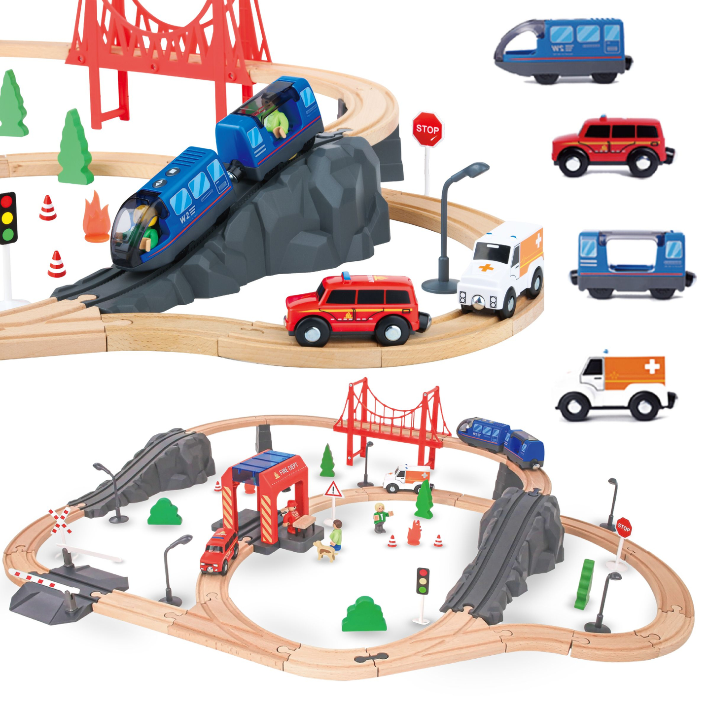 Treno in legno a batteria - Vigili del fuoco, binari, vagoni, ponti, barriere
