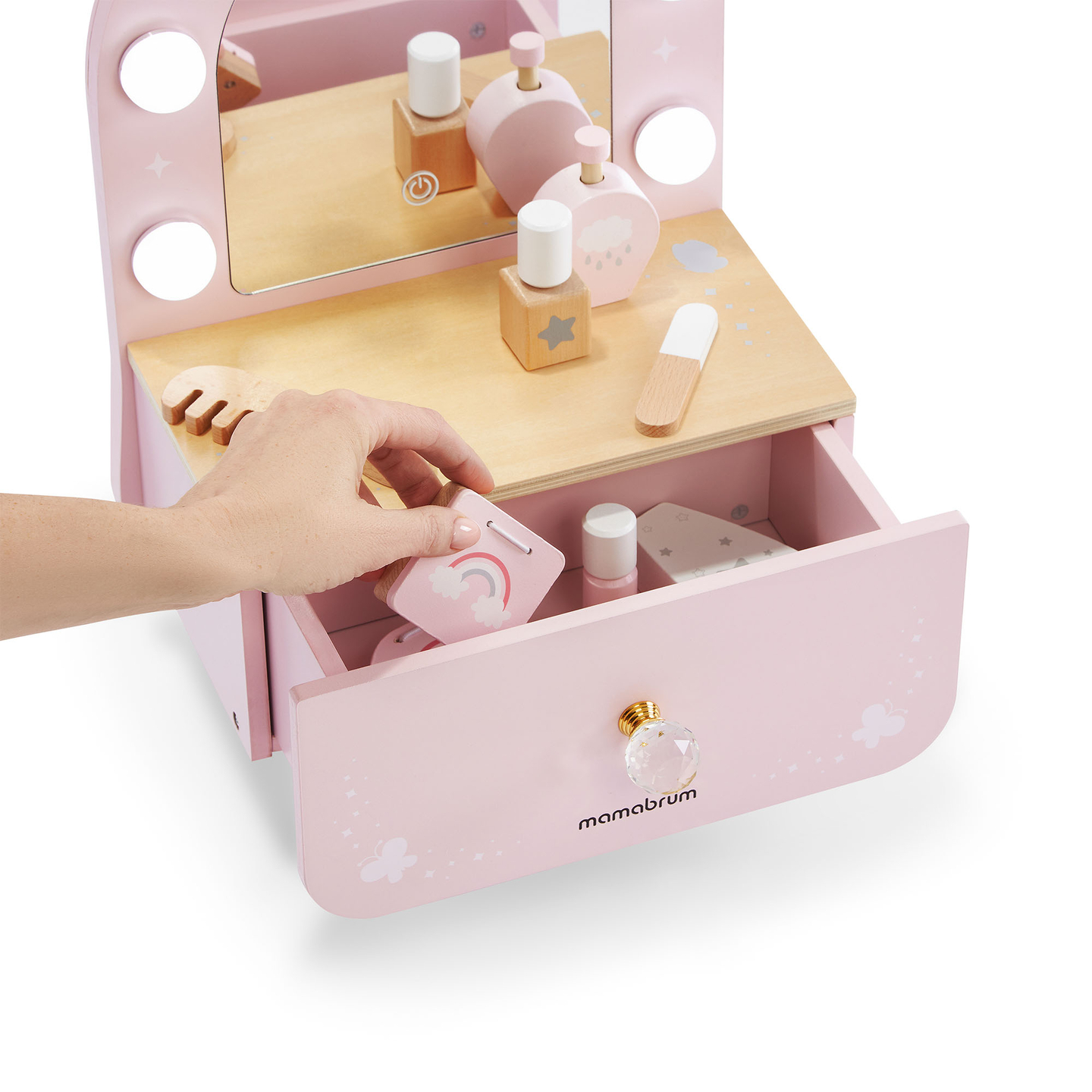 Mini toletta in legno per bambini con accessori e illuminazione a LED con regolazione continua della luminosità