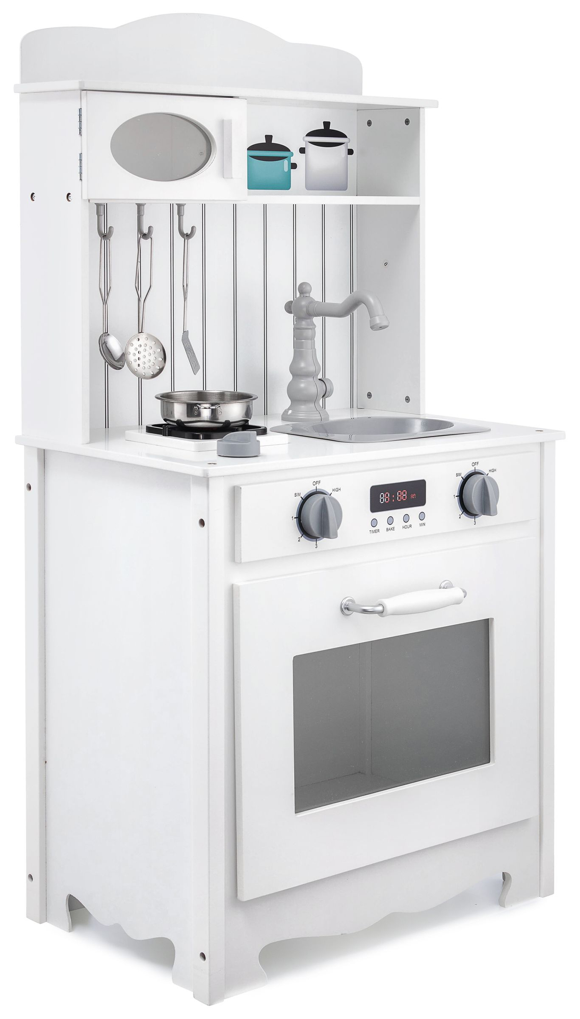 Cucina in legno bianco con grembiule, accessori e lampada LED