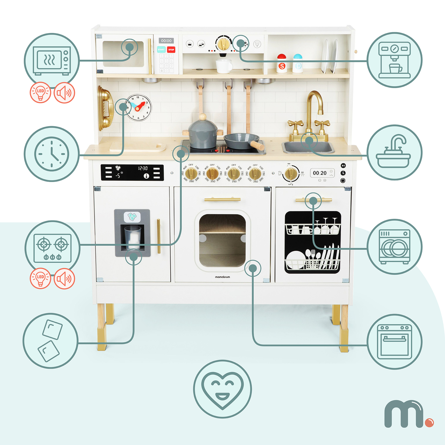 Cucina interattiva XXL in legno con accessori e illuminazione a LED - su due livelli