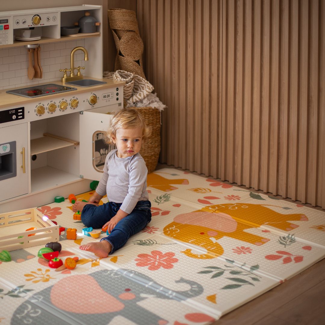 Tappetino pieghevole bifacciale in schiuma 180 x 120 x 1 cm - Elefanti esotici/Grigio delicato