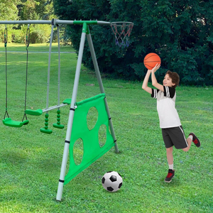 Parco giochi da giardino XXXL per bambini con altalene, scivolo, trapezio ginnico, canestro da basket e porta da calcio