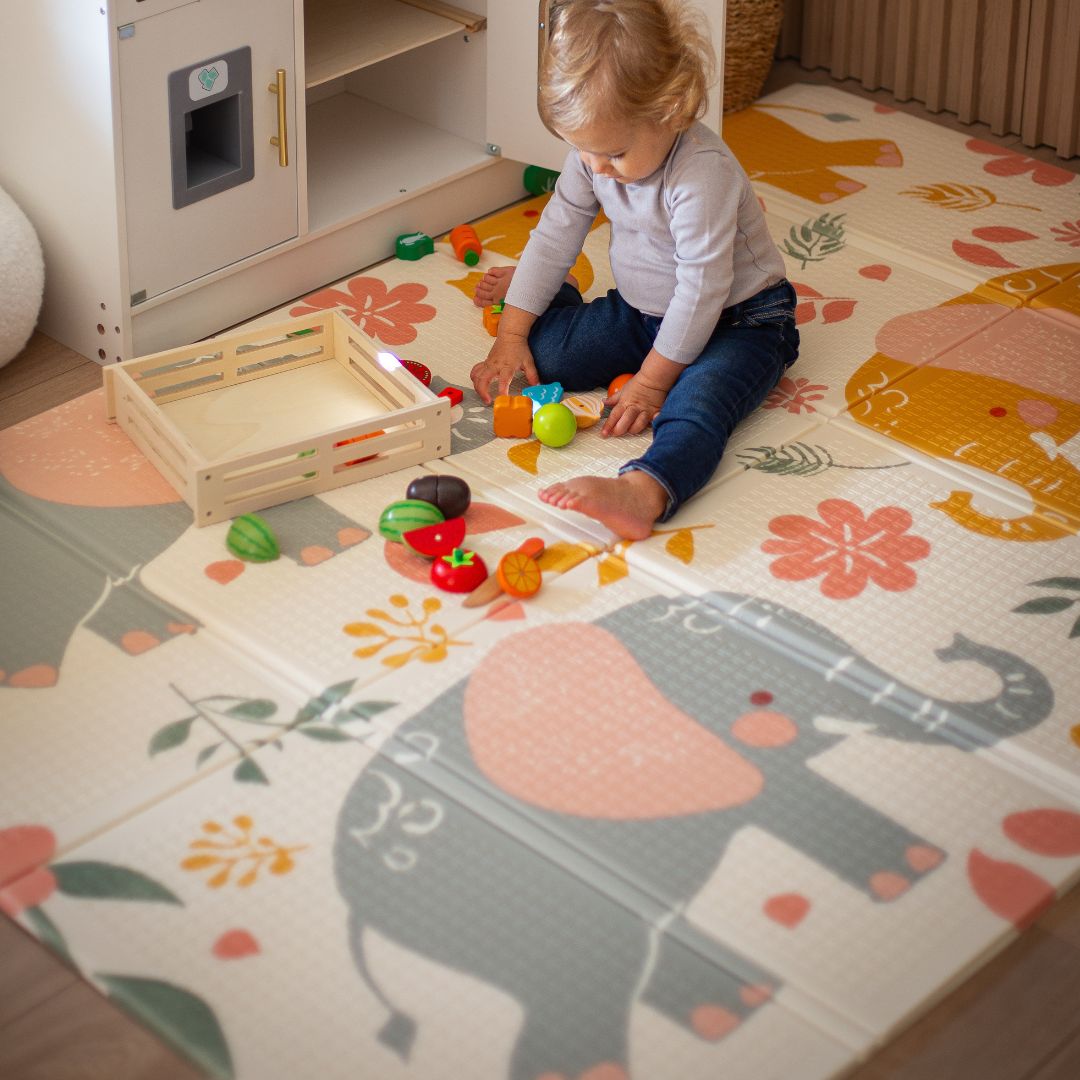 Tappetino pieghevole bifacciale in schiuma 180 x 120 x 1 cm - Elefanti esotici/Grigio delicato