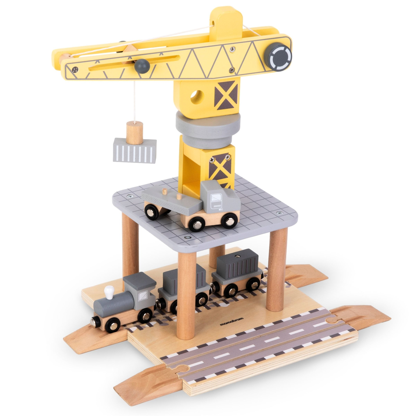 Gru portuale mobile con argano magnetico e accessori - set in legno