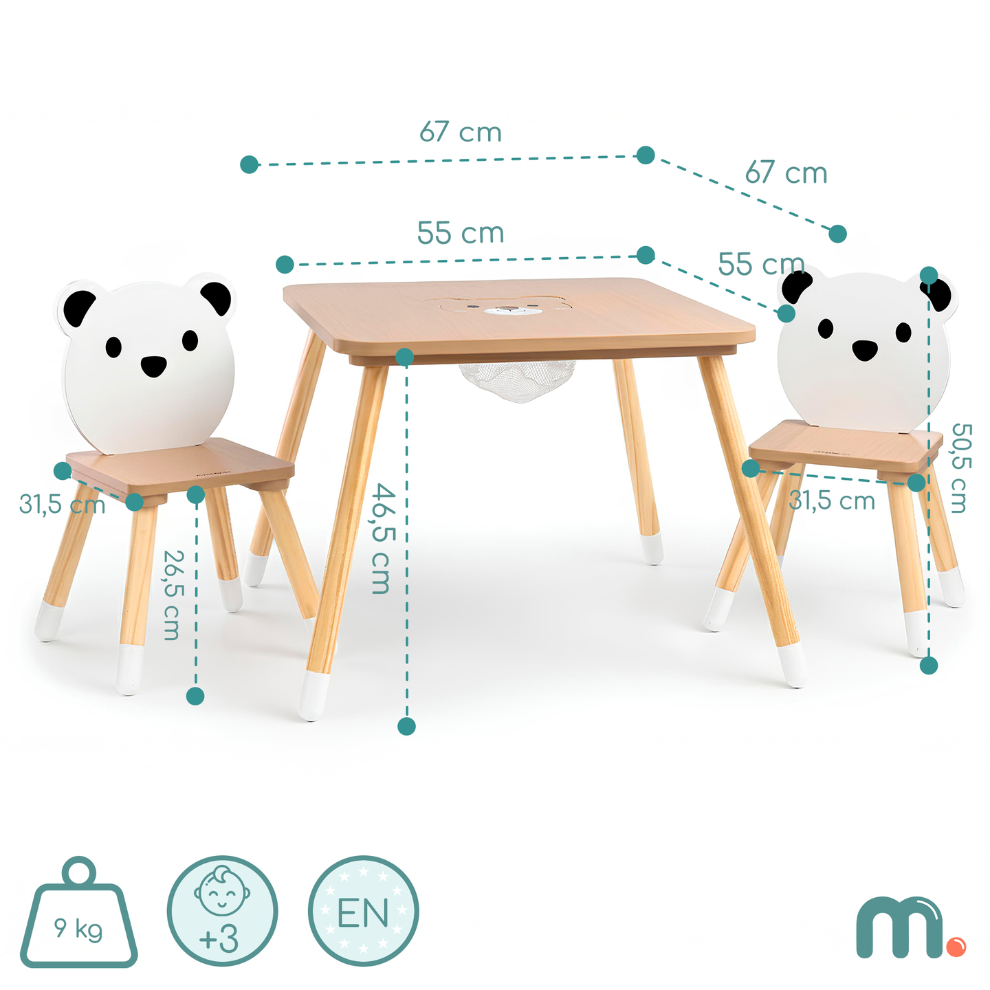 Tavolo in legno con contenitore e 2 sedie Set per bambini - Orsetto di peluche carino