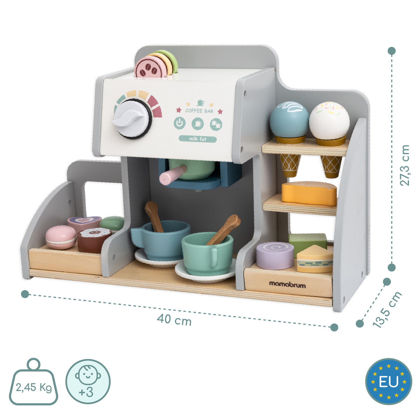 Una grande gelateria in legno con lavagna magnetica, macchina del caffè e set di gelati e dessert - oltre 70 pezzi!