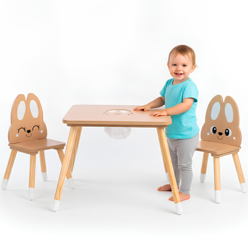 Tavolo in legno con contenitore e 2 sedie Set per bambini - Coniglio carino