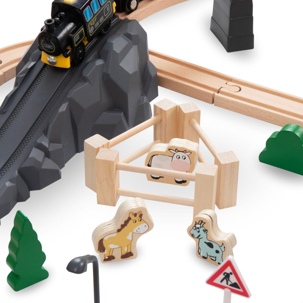 Ferrovia in legno, treno a batteria - Città: binari, automobili, ponte, aeroporto