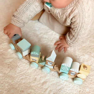 Treno di legno con blocchi per bambino - Fattoria