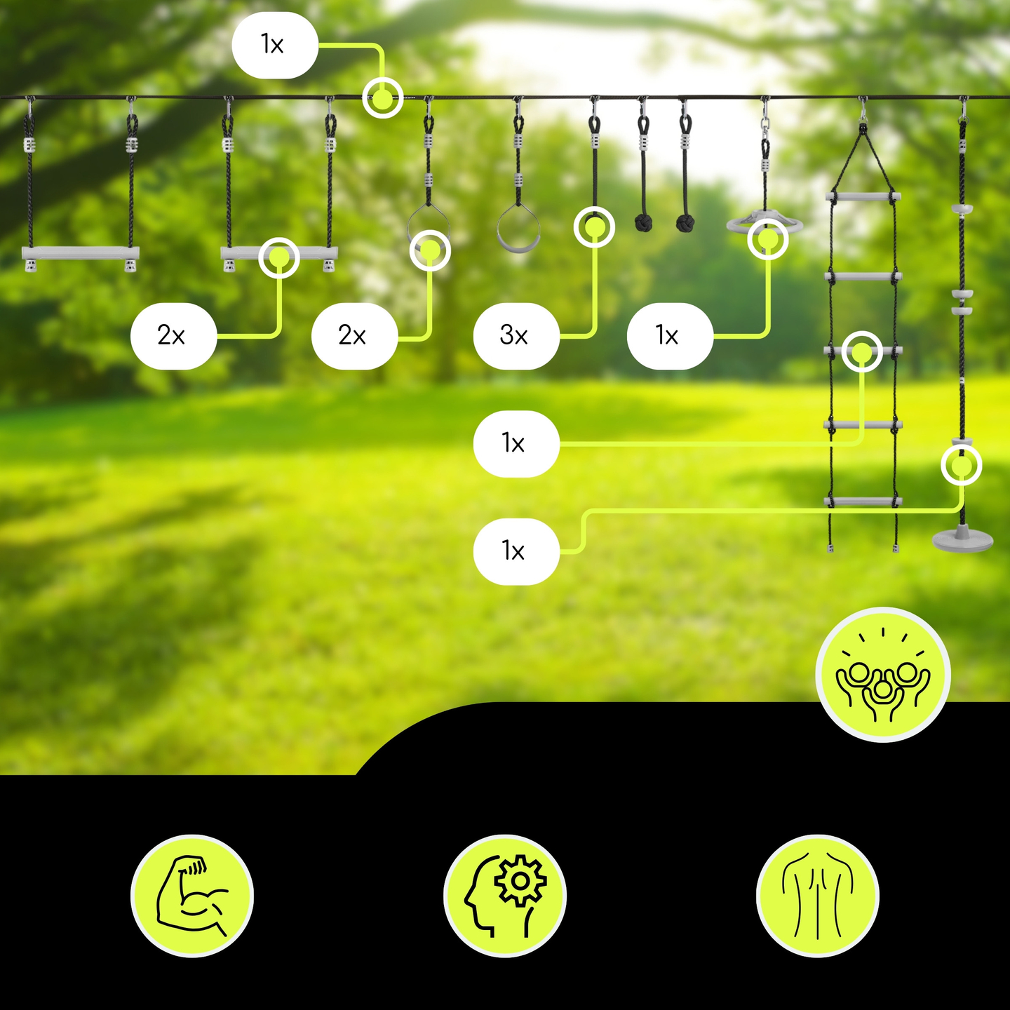 Percorso ad ostacoli Ninja per bambini - Set di slackline HyperMotion - 10 ostacoli