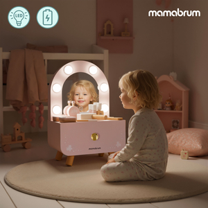 Mini toletta in legno per bambini con accessori e illuminazione a LED con regolazione continua della luminosità