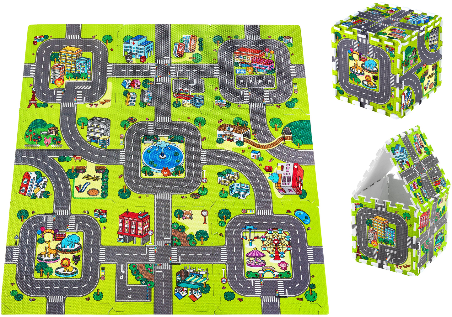 Tappeto puzzle educativo in schiuma 90 x 90 x 1 cm con bordi - schiuma EVA - disegno: strade cittadine strade