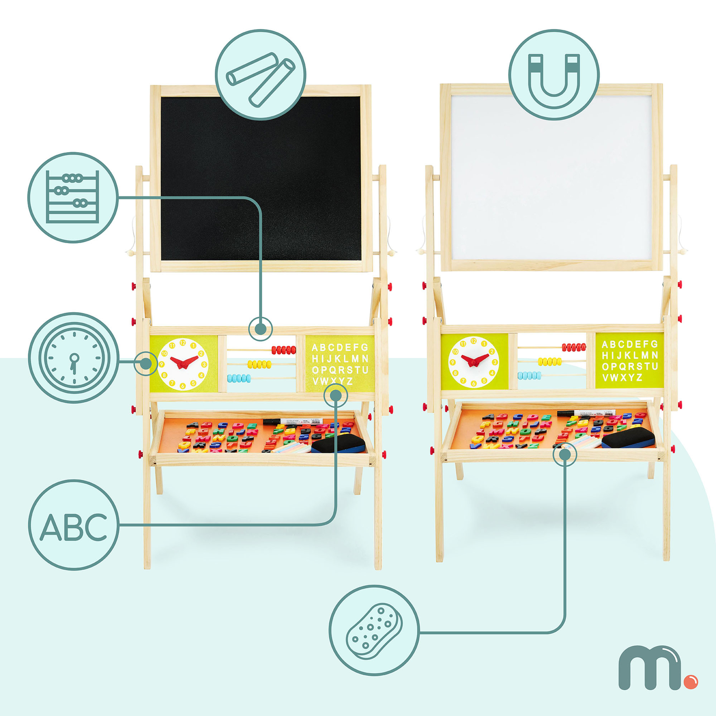 Grande lavagna didattica bifacciale: magnetica e con gesso - lavagna cancellabile a secco, in legno