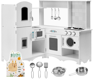 Cucina ad angolo in legno XXXL con frigorifero, forno, lavatrice, grembiule e accessori