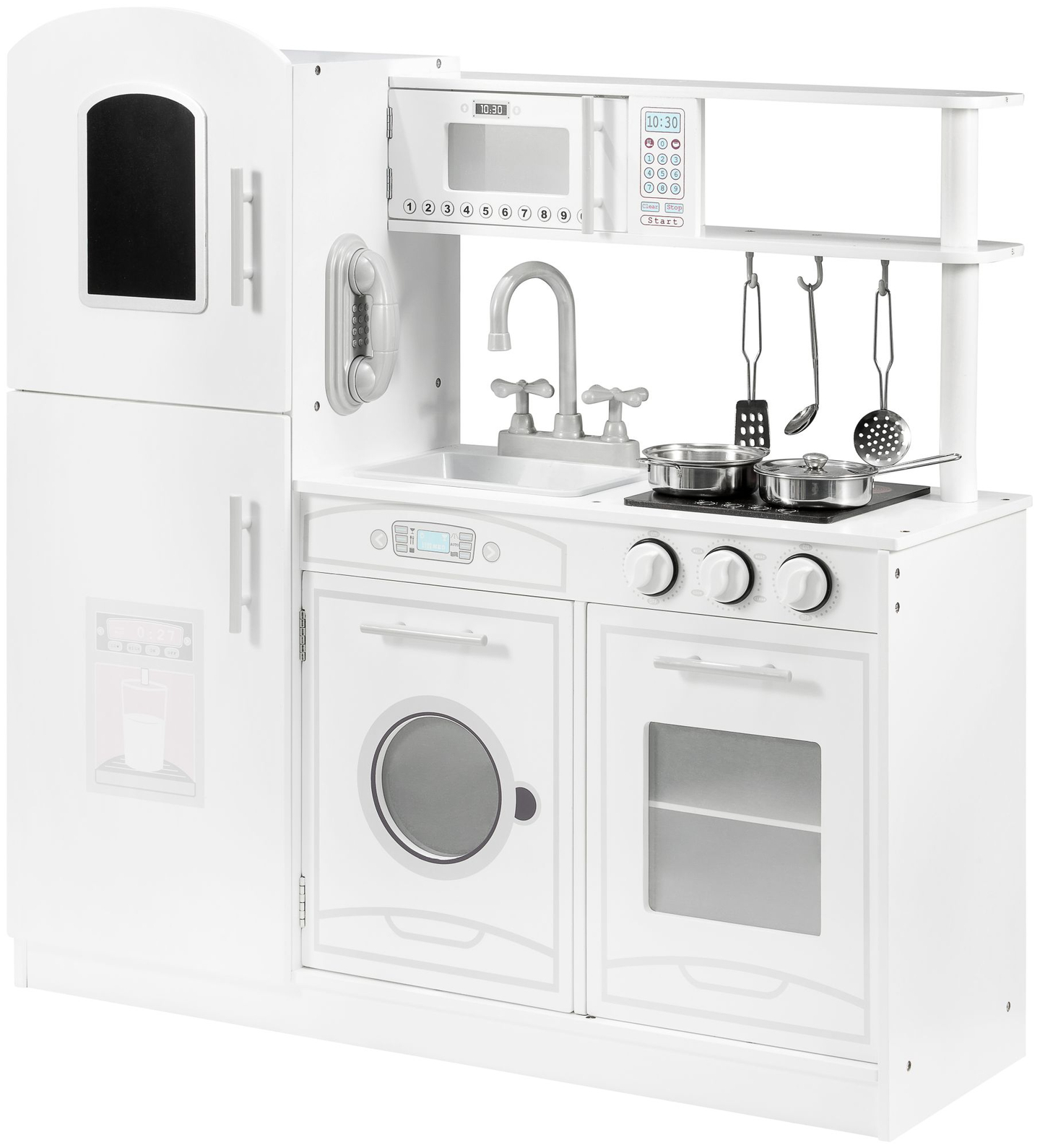 Grandi accessori da cucina in legno bianco e grembiule