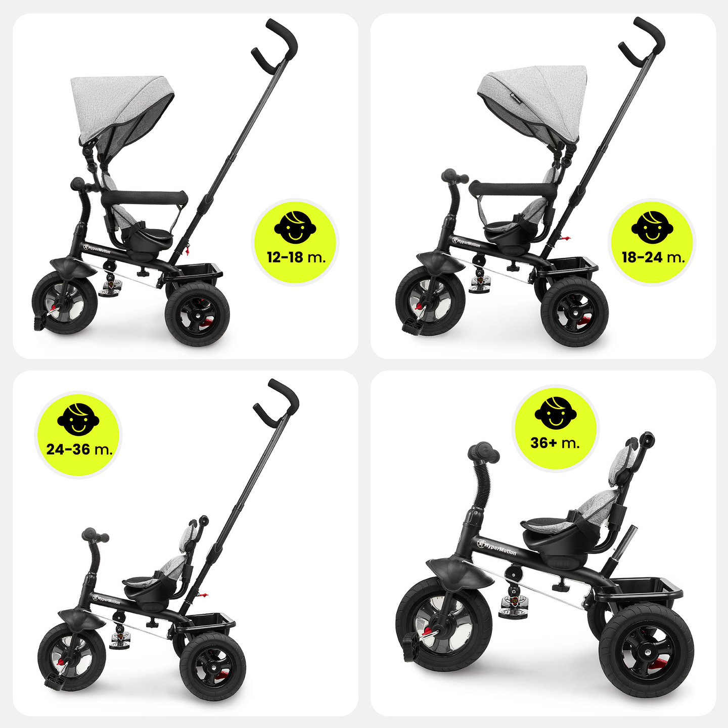 Triciclo per bambini 1-4 anni - TOBI FREY - colore grigio - girevole - ruote pompate + spingitore