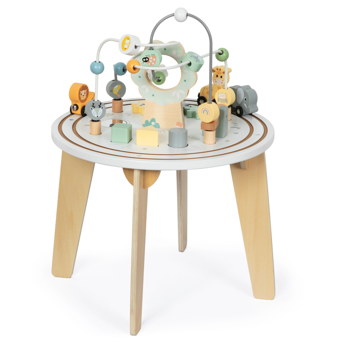 Tavolo didattico rotondo in legno con trenino magnetico e lanciaperline