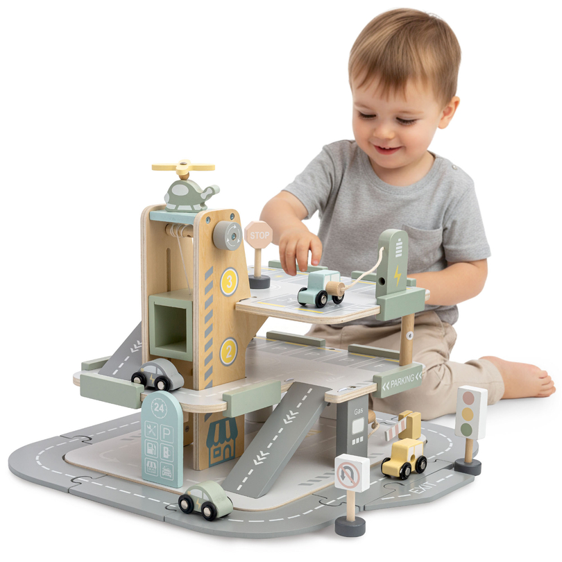 Garage in legno a tre piani per bambini con accessori: parcheggio, stazione di servizio, autolavaggio, elicottero