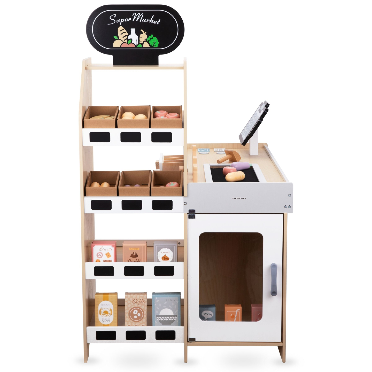 Mercato ortofrutticolo in legno - grande bancarella XXL, negozio con registratore di cassa