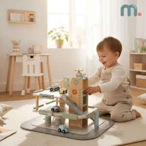 Garage in legno a tre piani per bambini con accessori: parcheggio, stazione di servizio, autolavaggio, elicottero