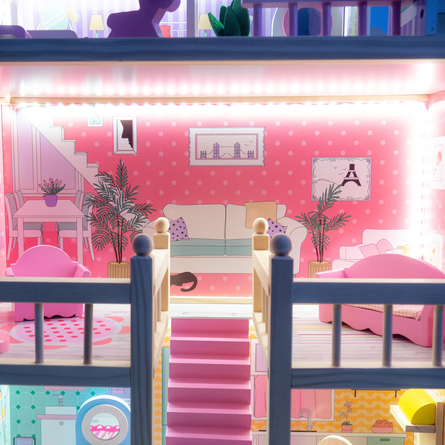 Grande casa delle bambole in legno a 3 piani con terrazza, set di mobili e illuminazione a LED!