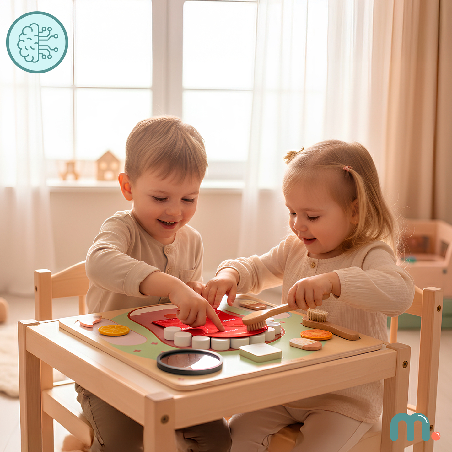 Tavola didattica Montessori in legno Piccolo Dentista - spazzolino da denti, dentifricio, denti rimovibili, specchio, cibo, apprendimento dei sapori