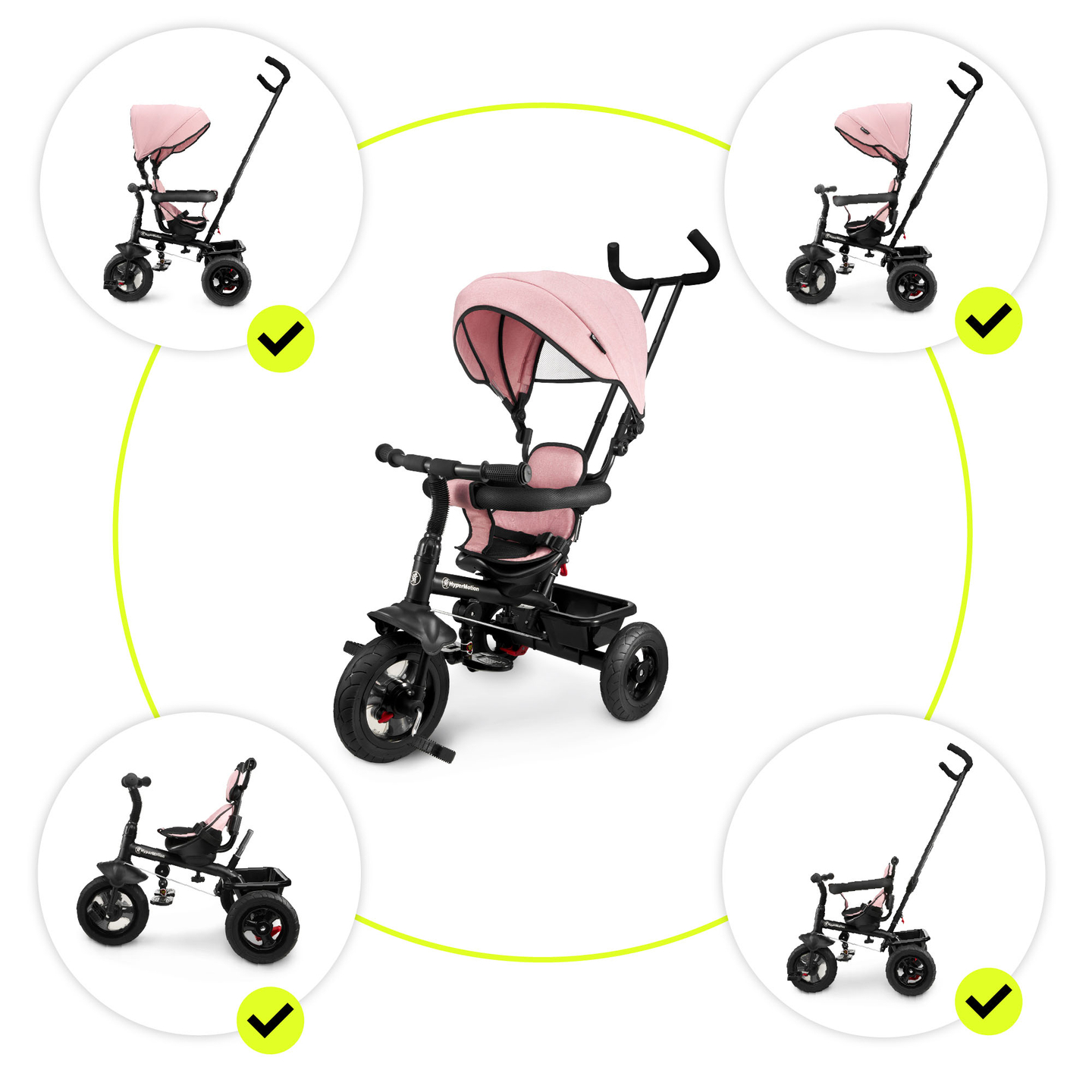 Triciclo per bambini 1-4 anni - TOBI FREY - colore rosa - girevole - ruote pompate + spintore