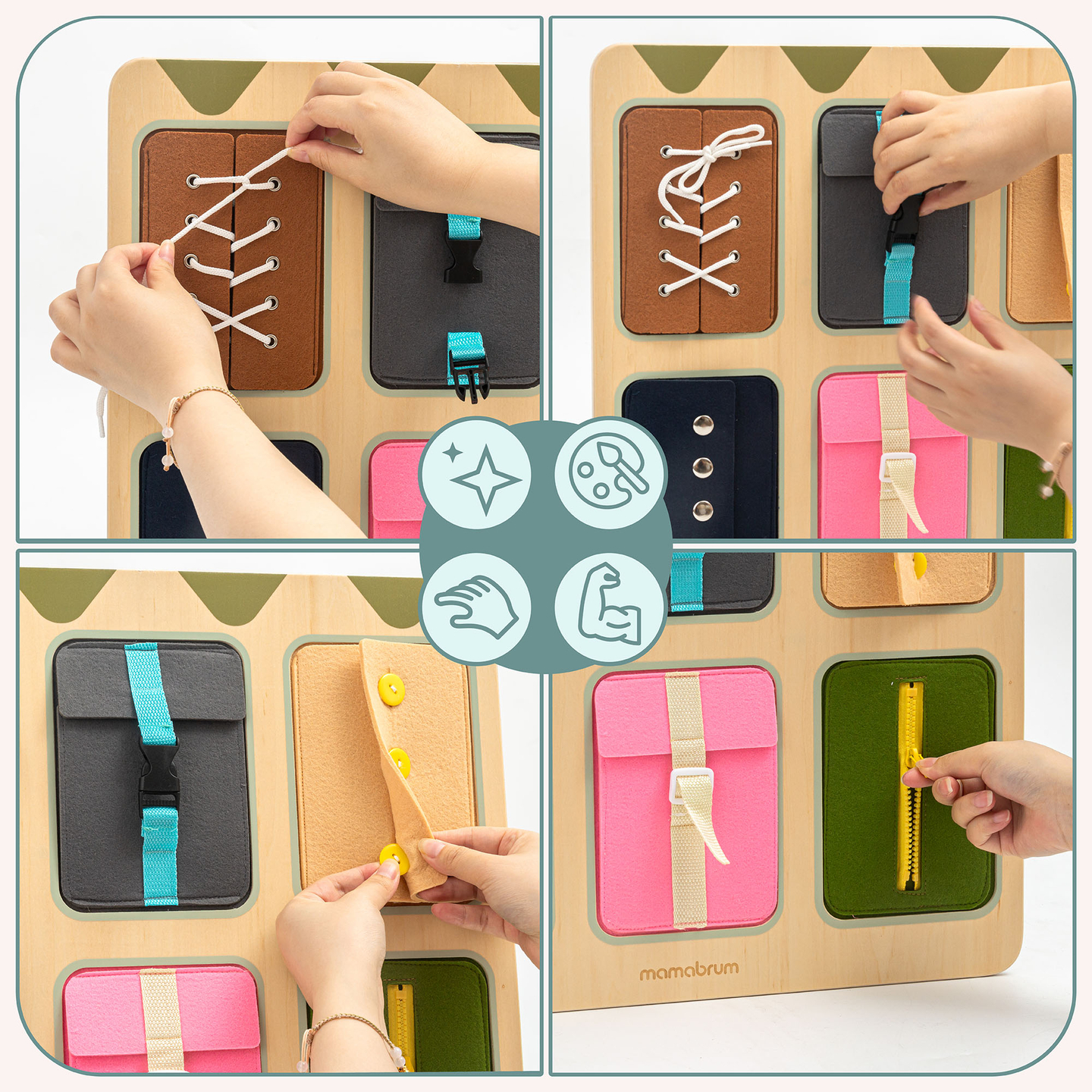 Tavola manipolativa Montessori in legno – Apprendimento sensoriale dell'indipendenza - lacci, fibbie, bottoni, automatici, cerniera