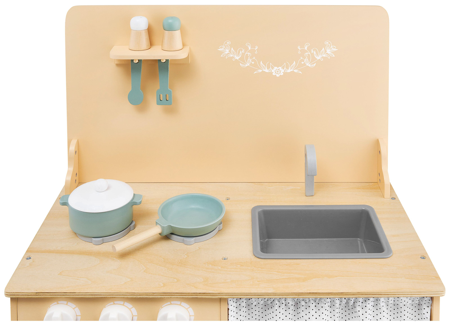 Cucina in legno con grembiule, accessori e illuminazione a LED