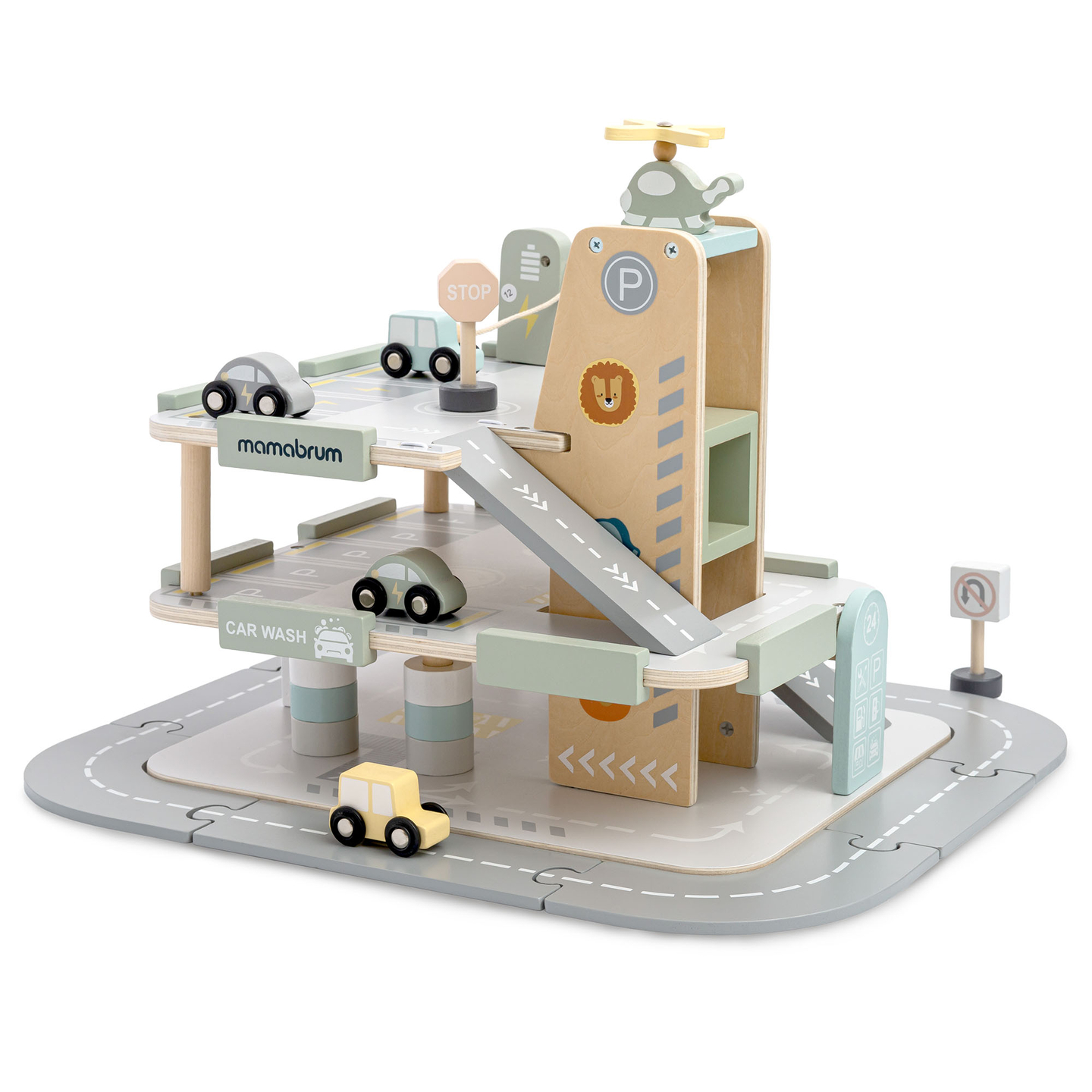 Garage in legno a tre piani per bambini con accessori: parcheggio, stazione di servizio, autolavaggio, elicottero