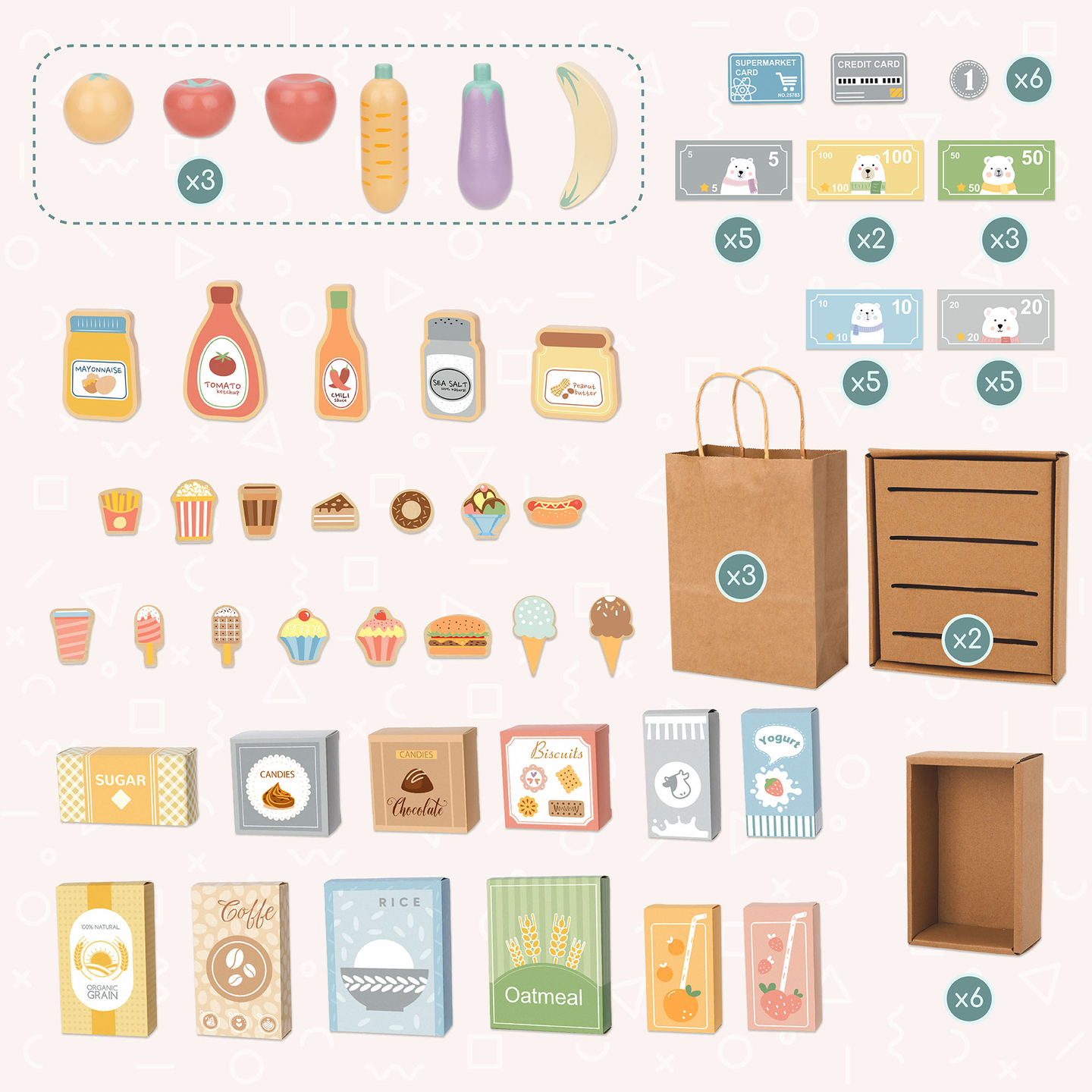 Grande negozio in legno per bambini con lavagna: 91 pezzi per divertirsi a fare shopping!